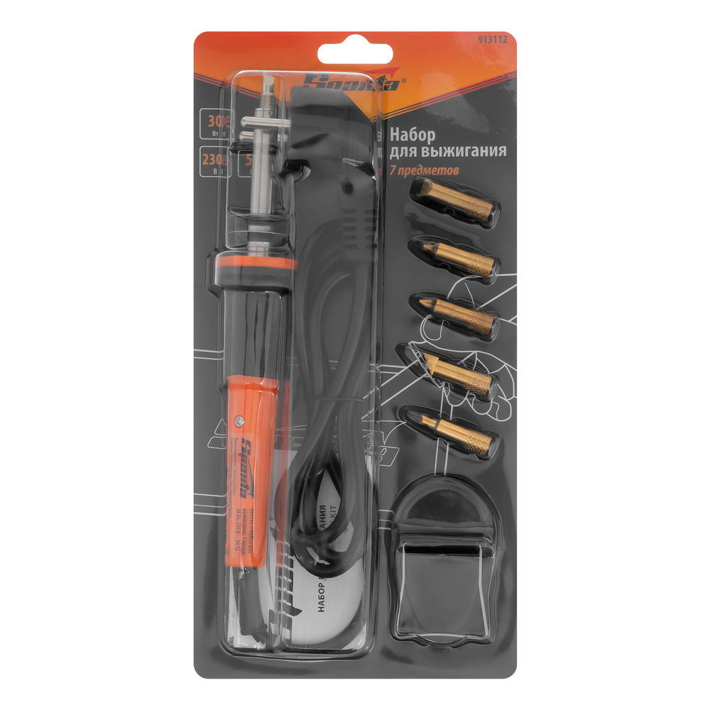 Набор для выжигания, 7 предметов: паяльник 30 Вт, подставка, жала сменные Sparta (913112)
