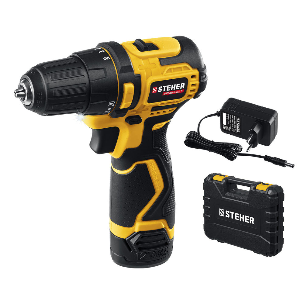 Дрель-шуруповерт бесщеточная 12 В, 35 Н·м, 1 АКБ (2 А·ч), кейс STEHER CDB-120-1
