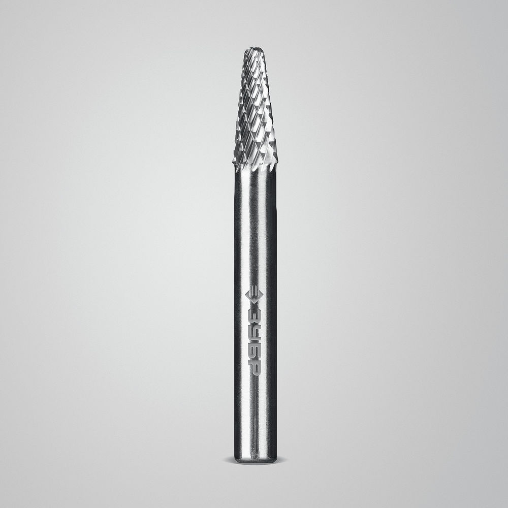 Борфреза твердосплавная 6?16 мм тип L конус с закругленным углом 28° радиус 1.2 мм хв-к 6 мм Профессионал ЗУБР 28810-6-16