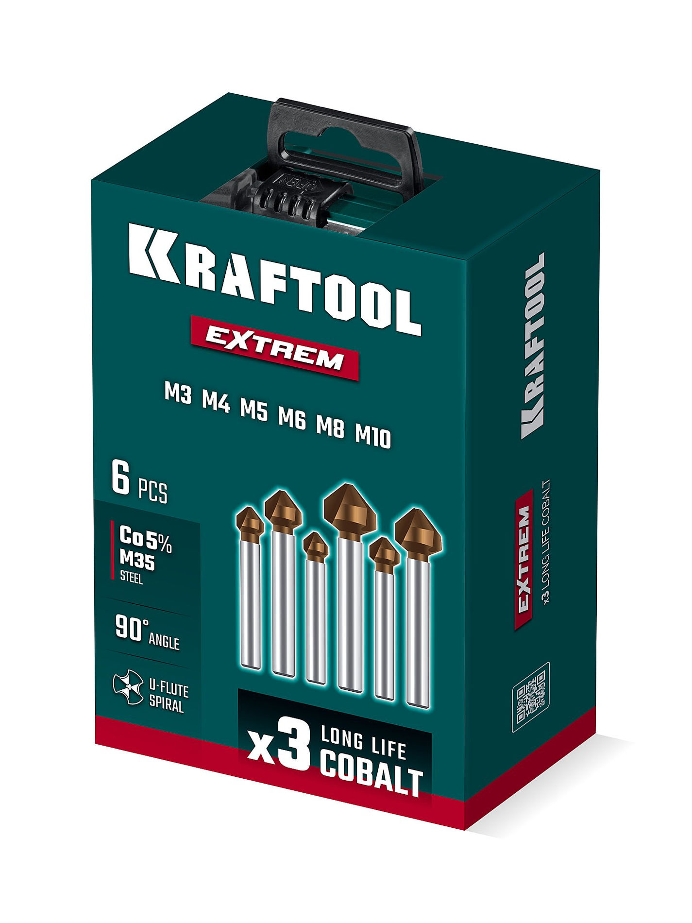 KRAFTOOL EXTREME Со5-А, 6 шт (6.3, 8.3, 10.4, 12.4, 16.5, 20.5 мм), Z3, 90°, сталь M35, U-образная спираль, набор зенковок (29734-H6)