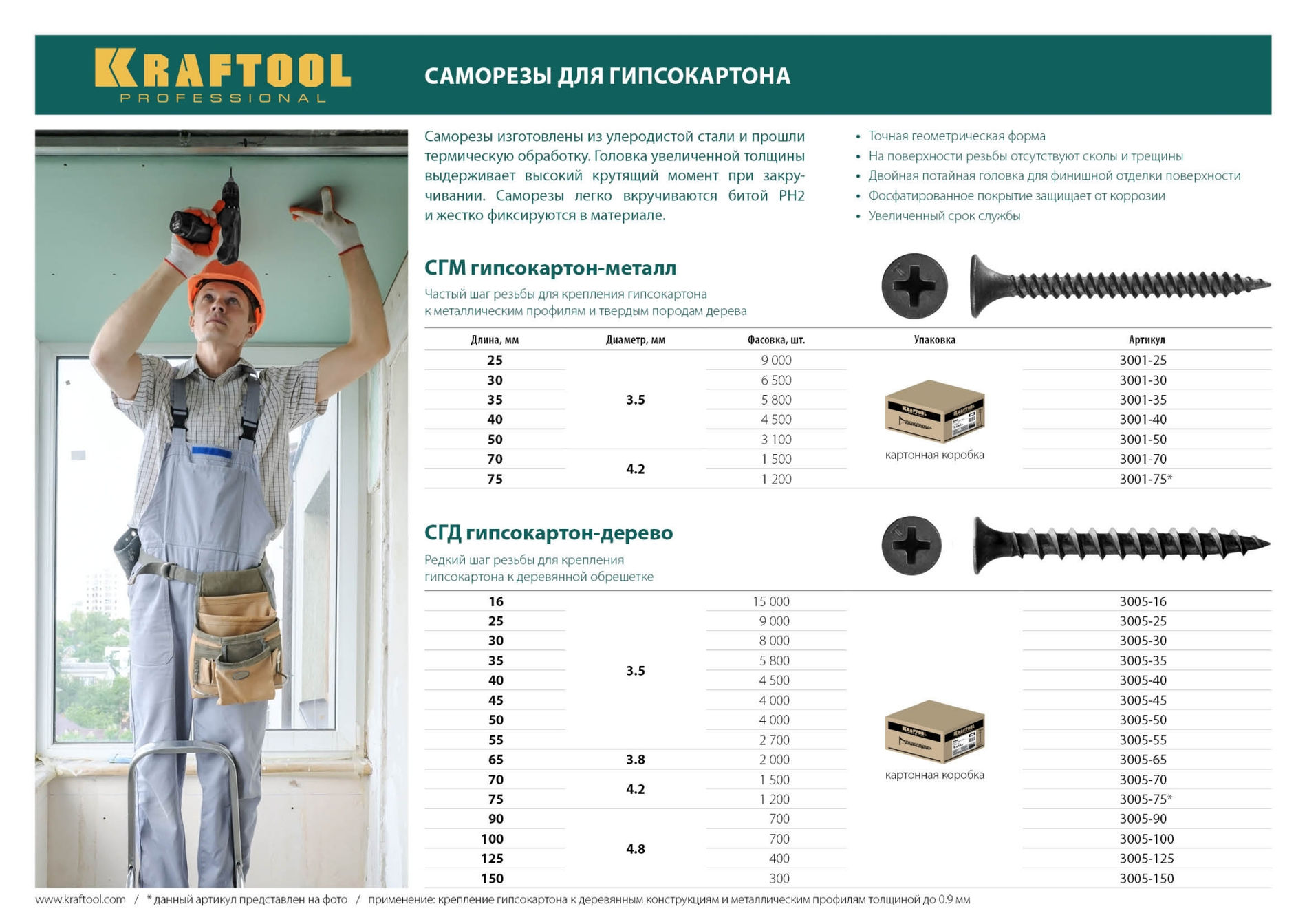 KRAFTOOL СГМ, 35 х 3.5 мм, фосфатированное покрытие, 5800 шт (10,13 кг.), саморез гипсокартон-металл (3001-35)