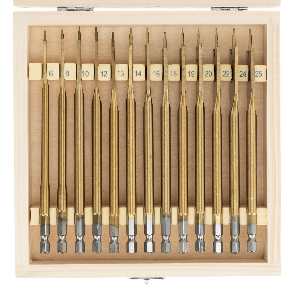 Набор сверл перовых по дереву, 6-8-10-12-13-14-16-18-19-20-22-24-25 мм, 13 шт, деревянный кейс Matrix (70442)