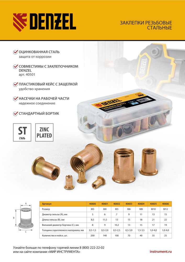 Заклепки резьбовые, стальные, оцинкованные, М12, пластиковый кейс, 25 шт. Denzel (40606)