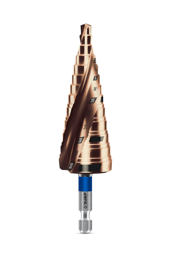 Сверло ступенчатое 6-30 мм, 13 ступеней, винтовая проточка КОБАЛЬТ ЗУБР ПРОФЕССИОНАЛ 29674-6-30-13