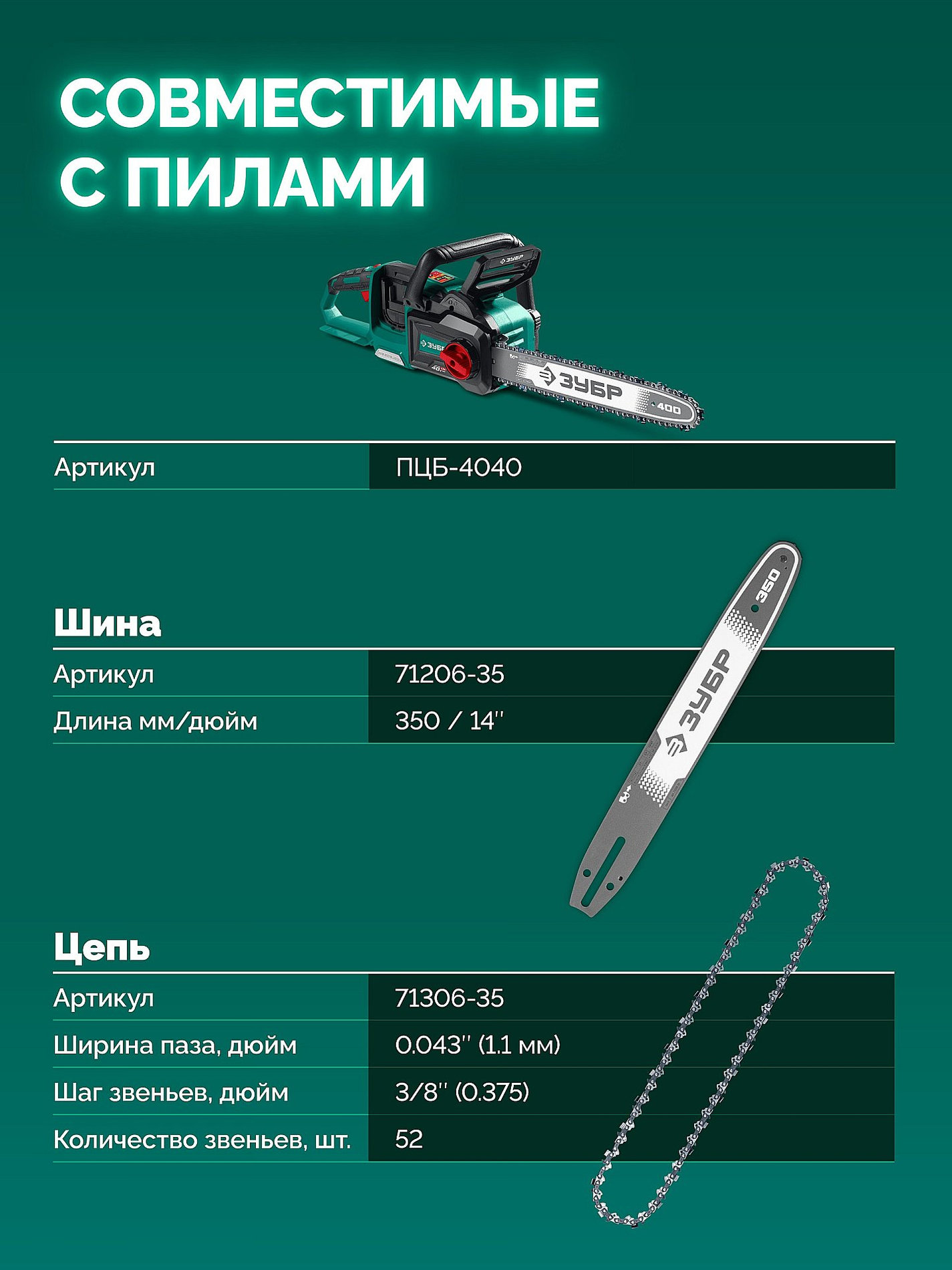 ЗУБР тип 6, 35 см, шаг 3/8?, паз 1.1 мм, 52 звена, цепь (71306-35)