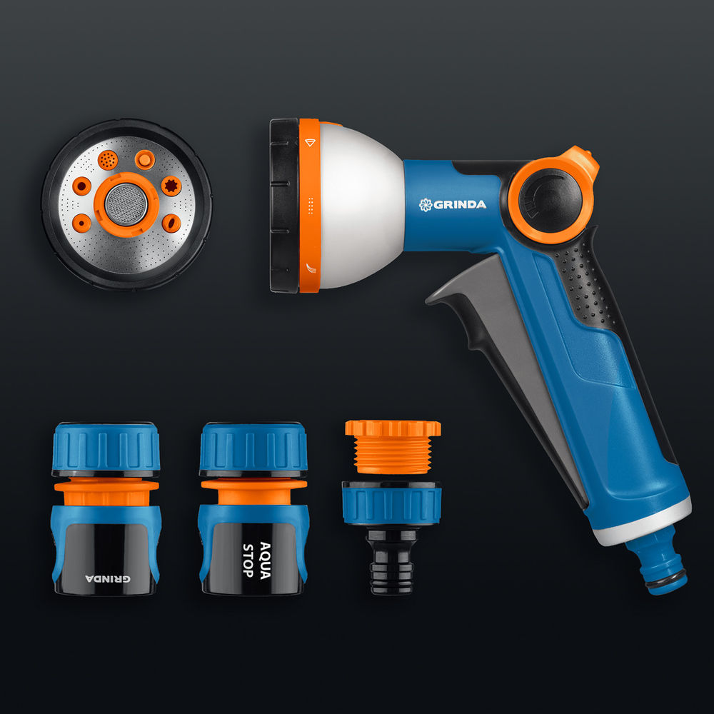 Набор поливочный Х-812, питолет поливочный X-8, коннектор 1/2, конектор 1/2 с автостопом, адаптер с внутр. резьбой 1/2 х 3/4, PROLine GRINDA 429168