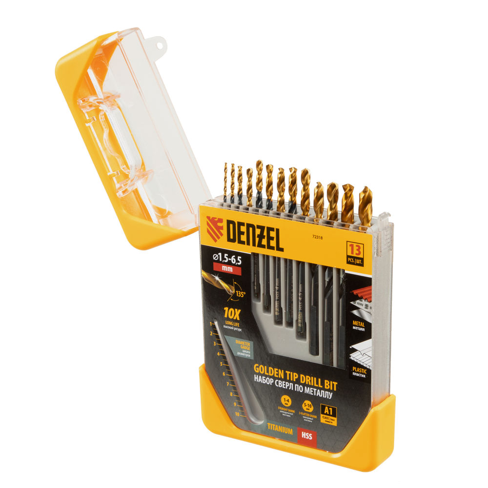 Набор сверл по металлу, 1,5-6,5 мм, HSS-Tin, Golden Tip, 13 шт Denzel (72318)