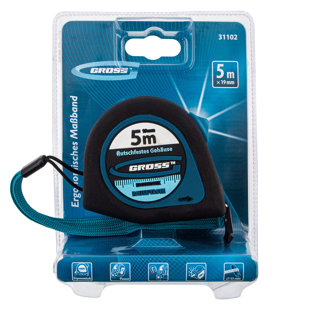 Рулетка Ergonomisch,5 м x 19 мм,магнитный обрезиненный зацеп Gross