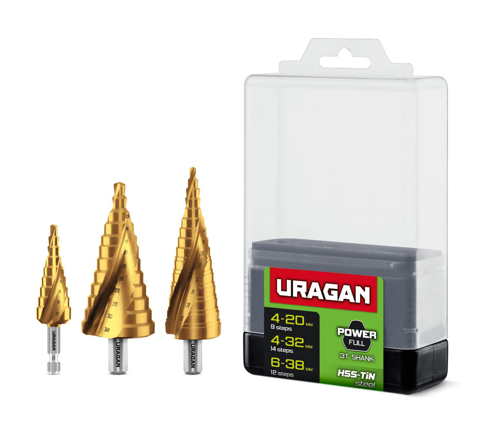 Сверла ступенчатые набор винтовая спираль URAGAN 3 шт 4-38мм 29658-4-38-H3  