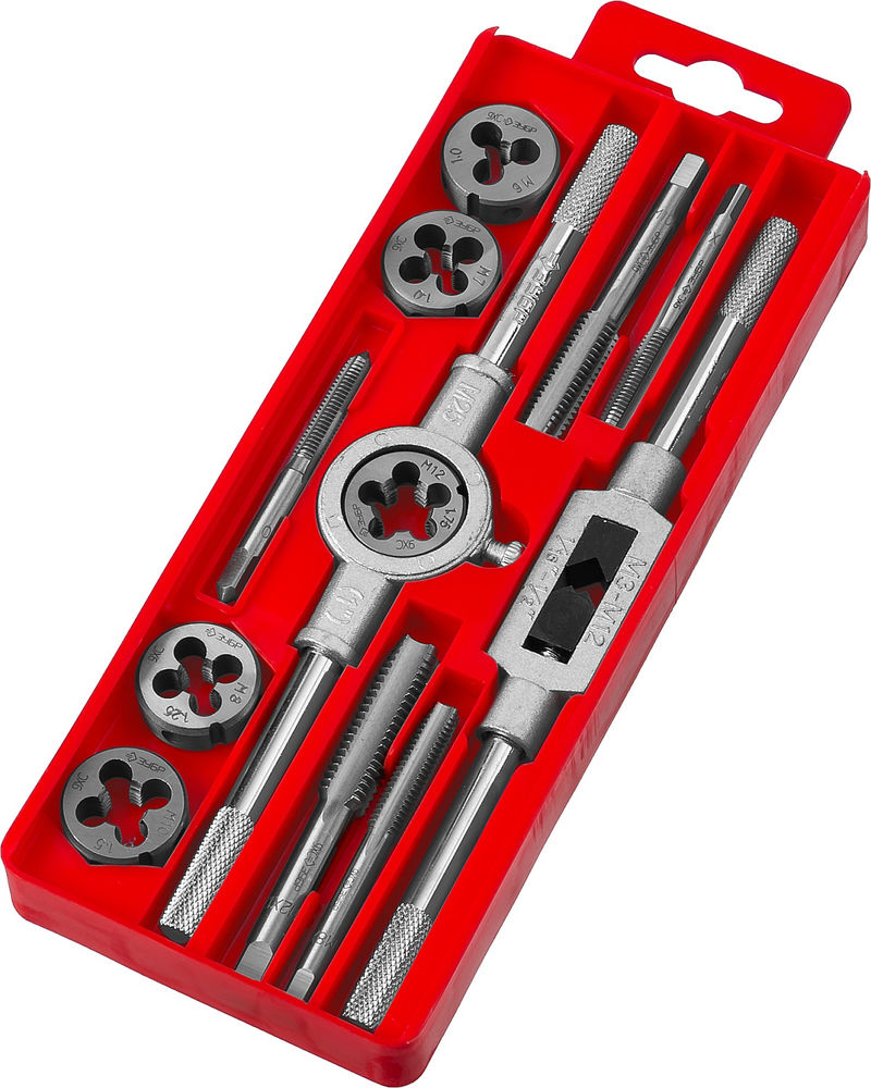 Набор метчиков и плашек 12 предм. сталь 9ХС в пластиковом боксе ЗУБР 28121-H12