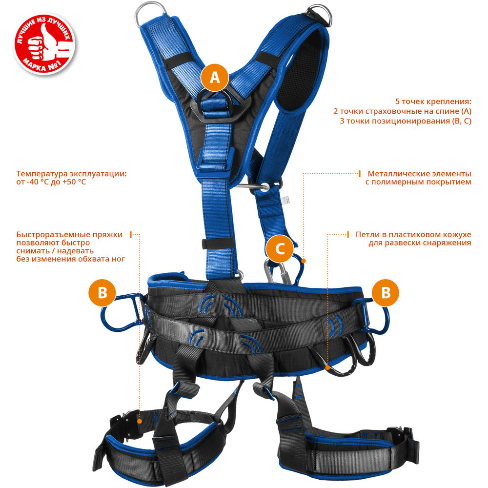 Привязь страховочная и удерживающая ОЛИМП, стальная фурнитура с полимерным покрытием, 5 точек крепления, размер L (1140-1440) ЗУБР Профессионал 11591