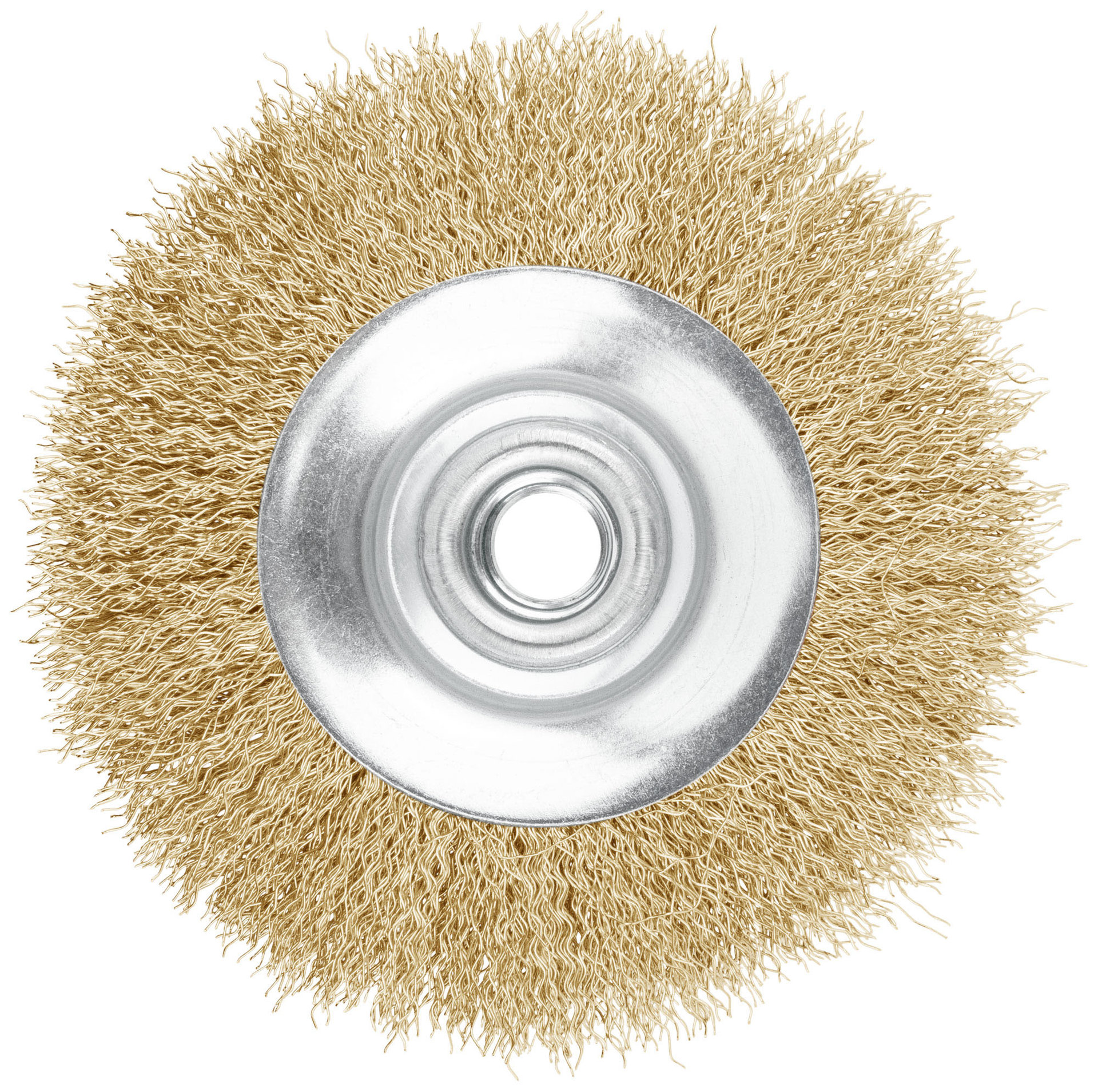 Корщетка-колесо с наклоном, гайка М14, стальная латунированная волнистая проволока 115 мм (39051)