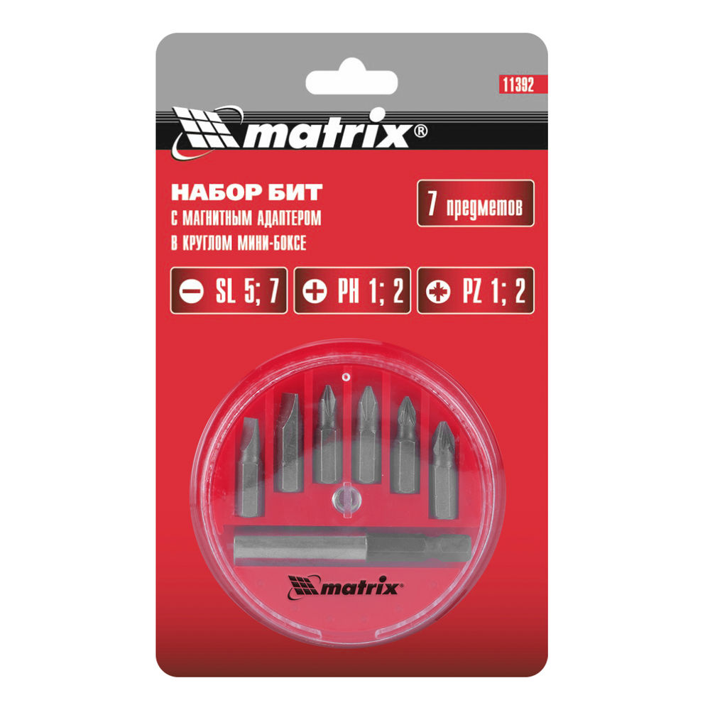 Набор бит, магнитный адаптер для бит, сталь 45Х, 7 предметов, пластиковый кейс Matrix (11392)