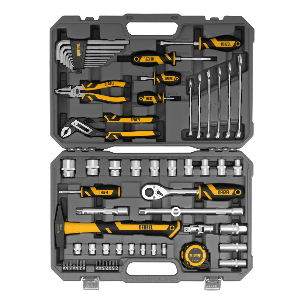 Набор инструментов, 1/2, 1/4, CrV, S2, пластиковый кейс, 64 предмета Denzel