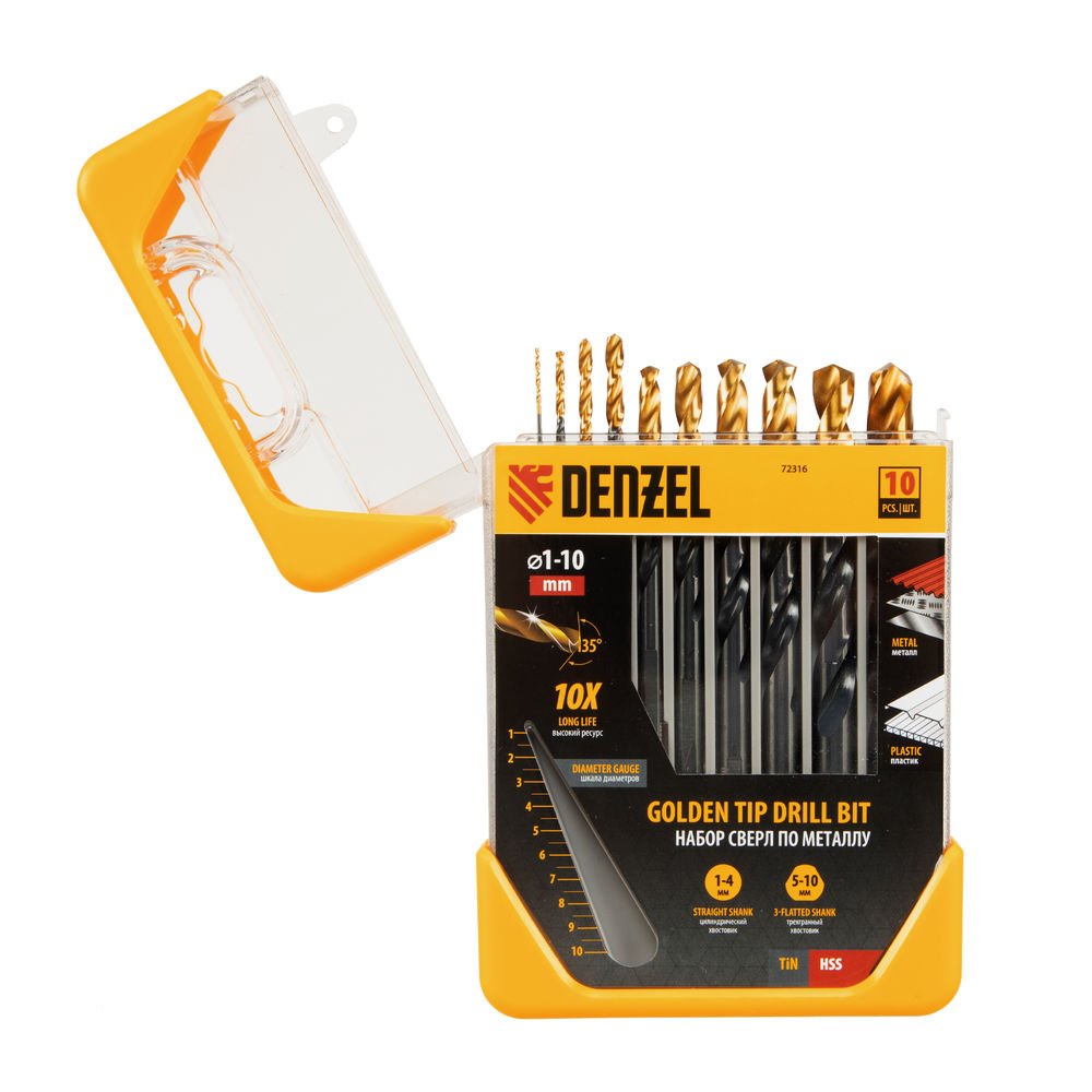 Набор сверл по металлу, 1-10 мм, HSS-Tin, Golden Tip, 10 шт Denzel (72316)