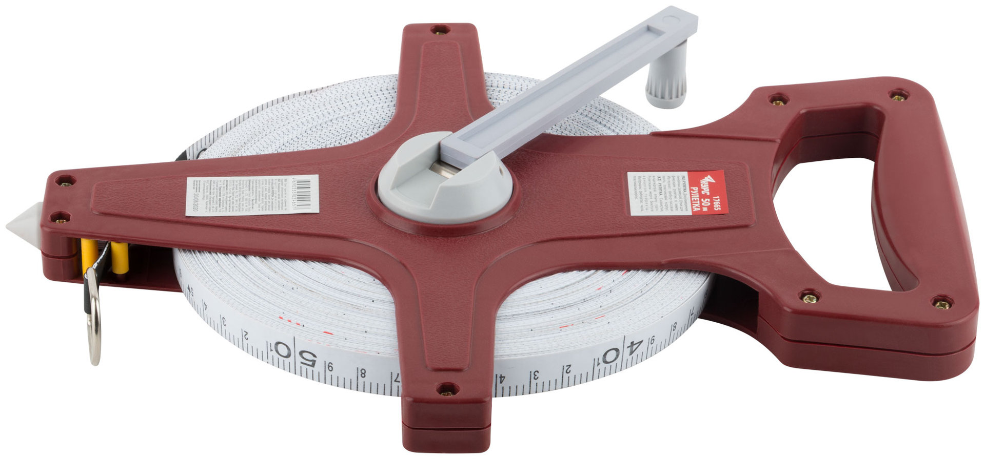 Рулетка землемерная, красный открытый корпус, фибергласовая лента 50 м