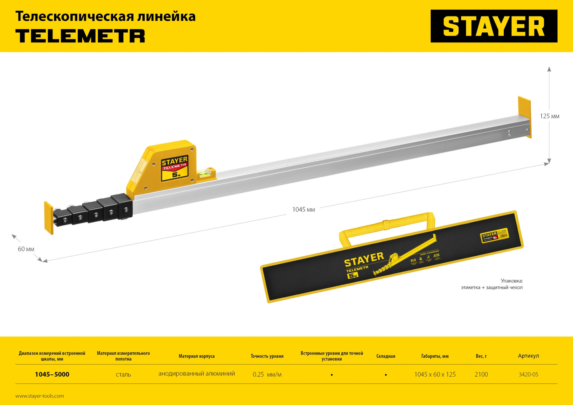STAYER Telemetr, 5 м, телескопическая линейка, Professional (3420-05_z02)