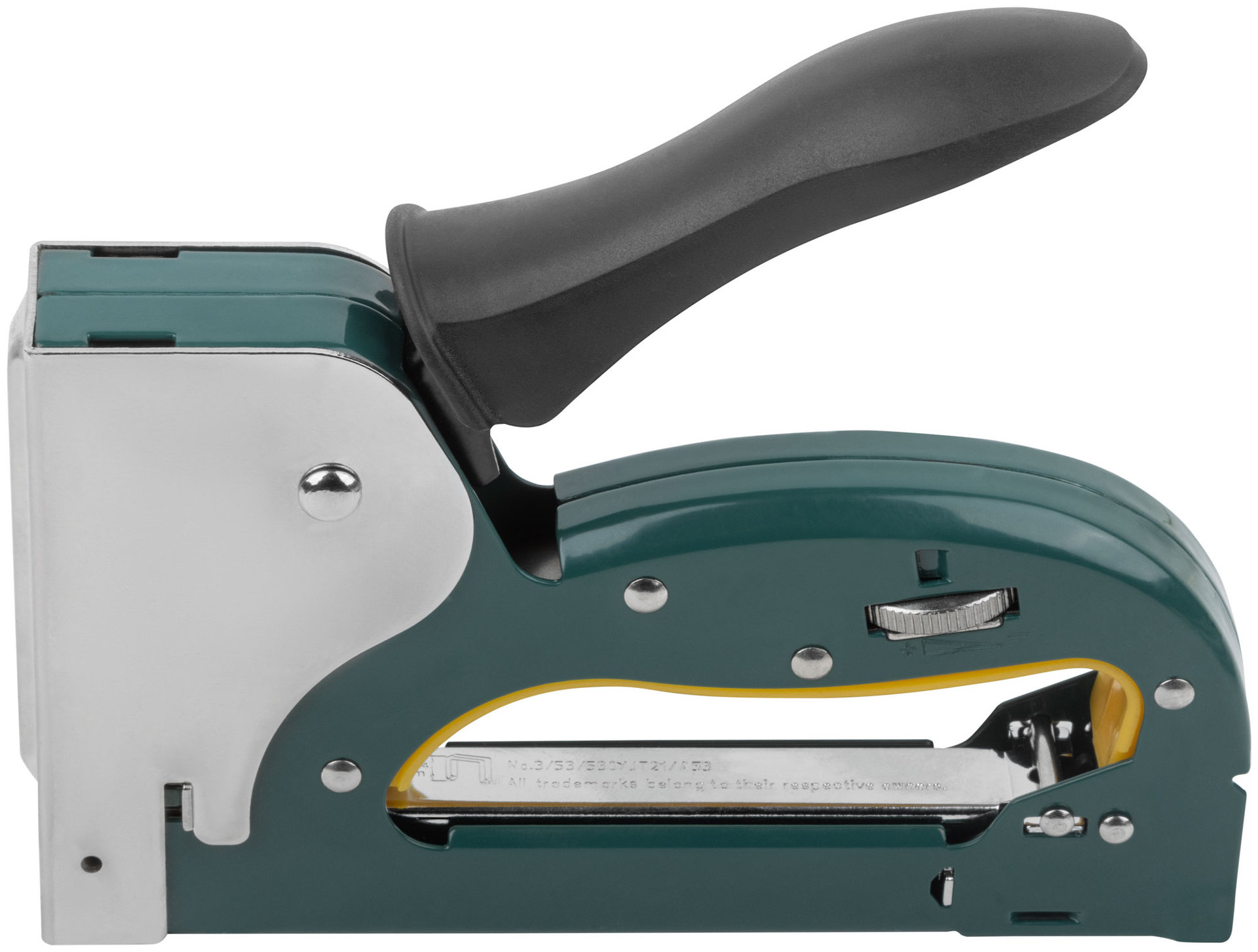 Степлер для узких скоб тип 53, 4-14 мм, регулировка силы удара, рессорный механизм, металлический корпус (32122)