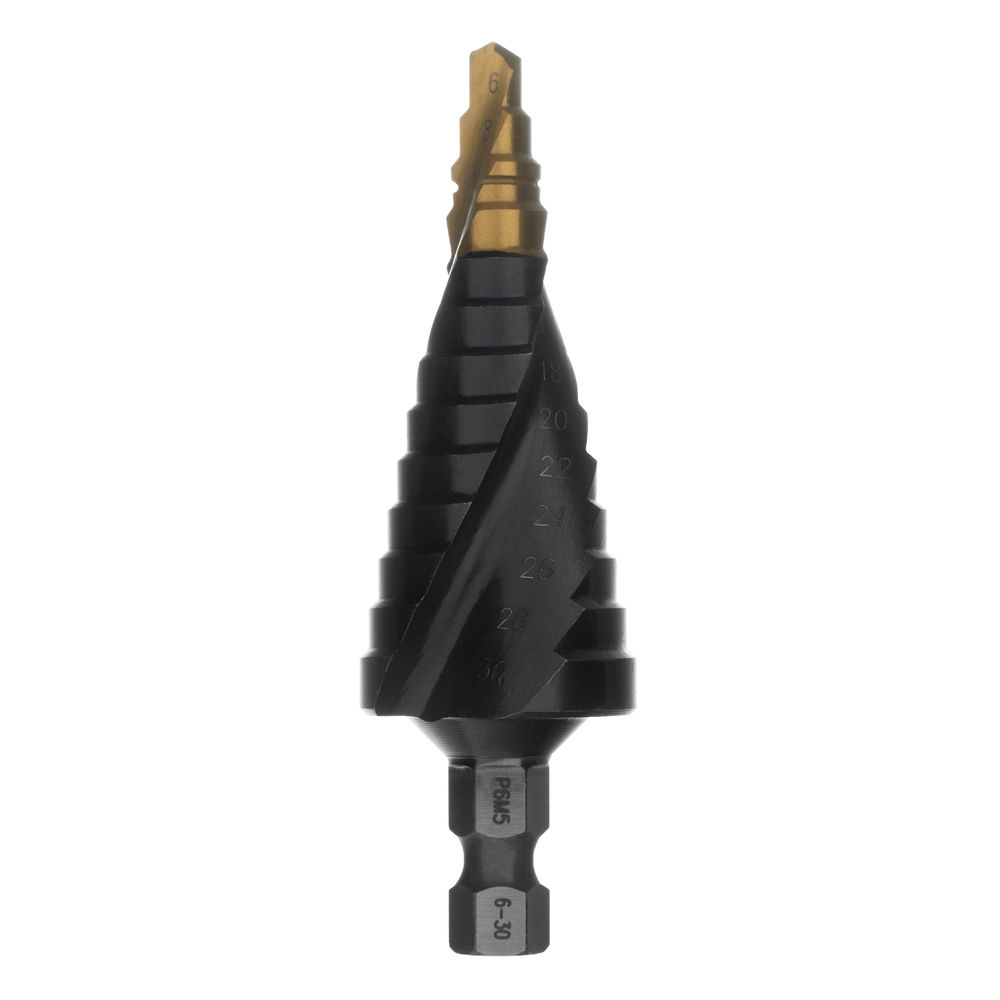 Сверло ступенчатое, 6-8-10-12-14-16-18-20-22-24-26-28-30мм, Р6М5, 6-гр. хвостовик Denzel (723604)
