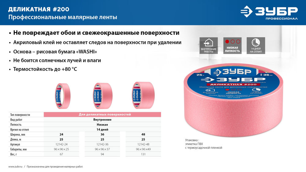 Лента малярная №200, 48 мм x 25 м, для деликатных и недавно окрашенных поверхностей ЗУБР Профессионал 12142-48