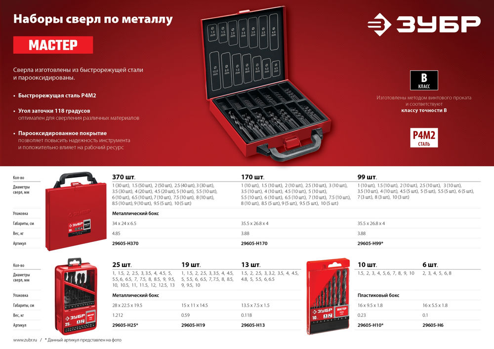 Набор сверл по металлу 99 шт (1-10 мм), сталь Р4М2, класс В, метал. бокс ЗУБР 29605-H99