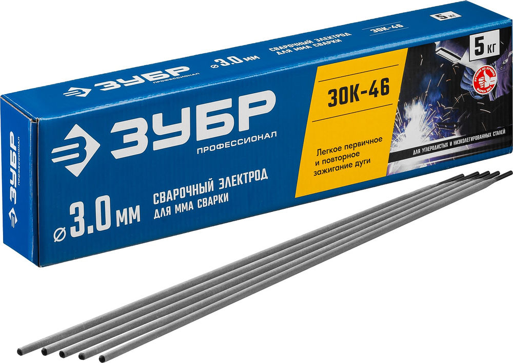 Электрод сварочный ЗОК-46 рутил-целлюлозный D 3.0 x 350 мм, 5 кг в коробке ЗУБР Профессионал 40035-3.0