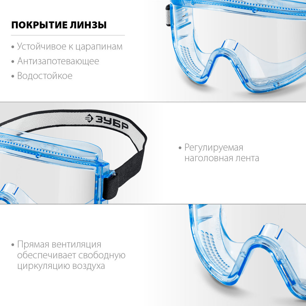 Очки защитные закрытые с прямой вентиляцией стекло поликарбонат ударопрочный ЗУБР ПАНОРАМА П Профессионал 110231