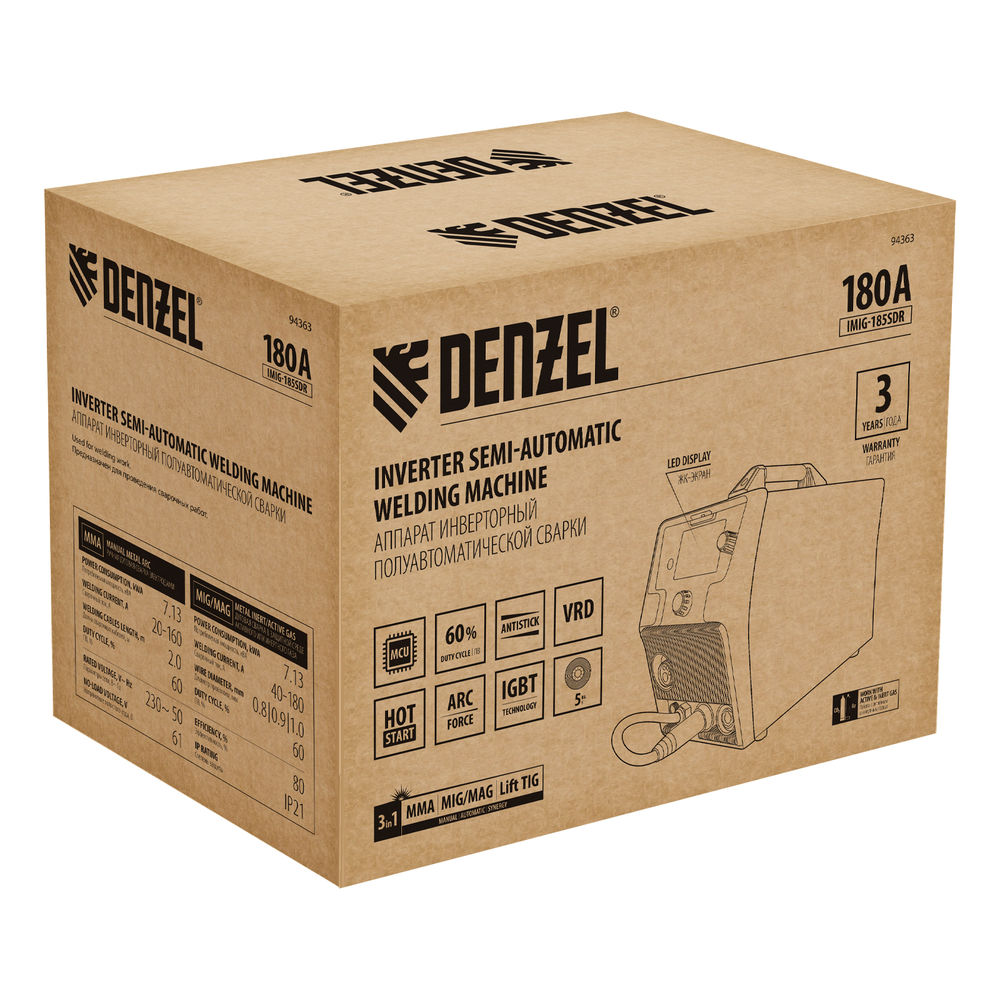 Аппарат инвертор. полуавтомат. cварки IMIG-185SDR, 180 А, ПВ 60%, катушка 5 кг Denzel (94363)