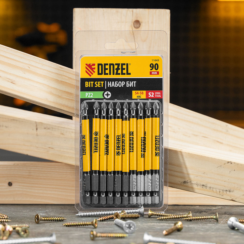 Бита PZ2х90, сталь S2, цилиндр., 10 шт. Е 6,3 Denzel (11645)