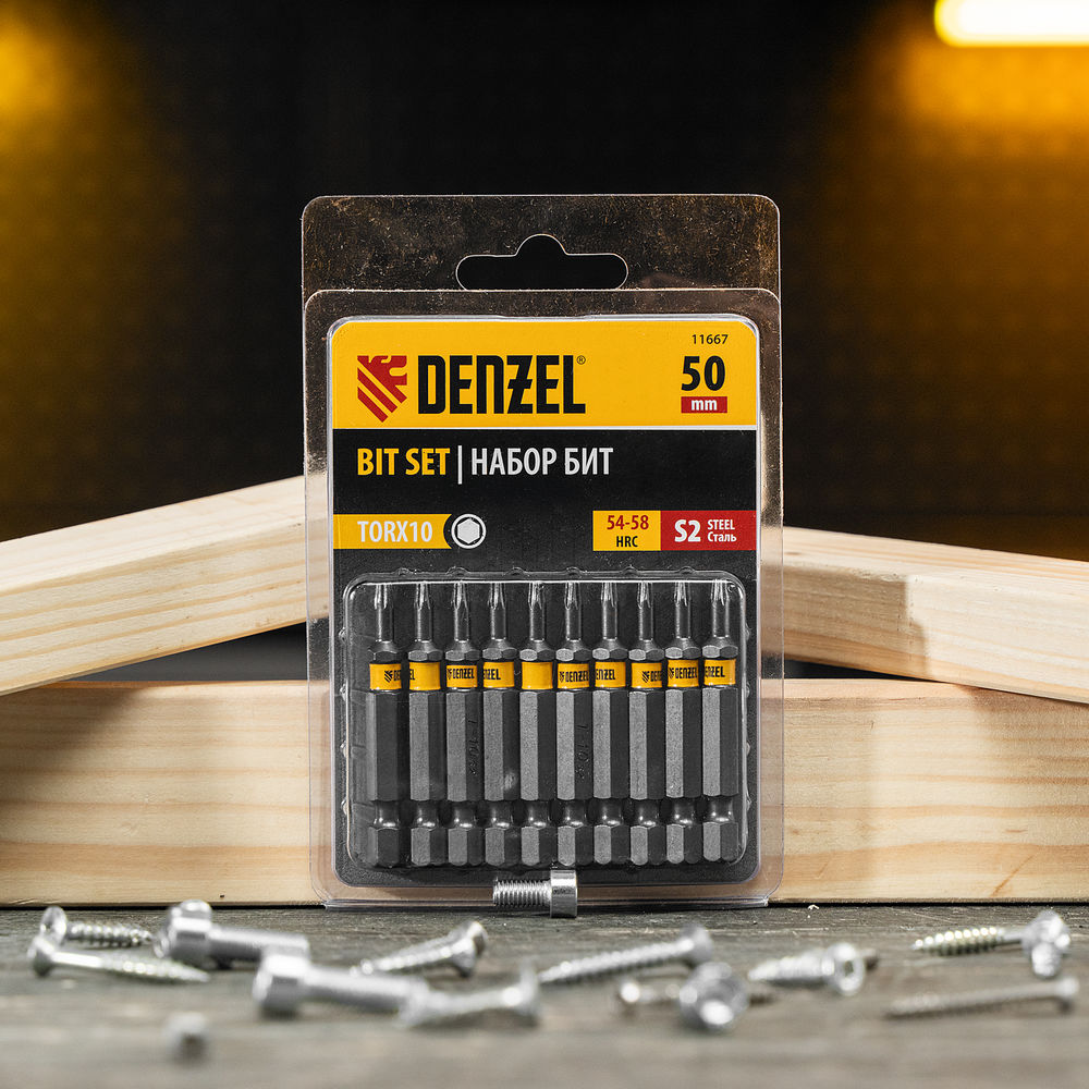 Бита TX 10х50, сталь S2, шестигранный профиль, 10 шт. Е 6,3 Denzel (11667)
