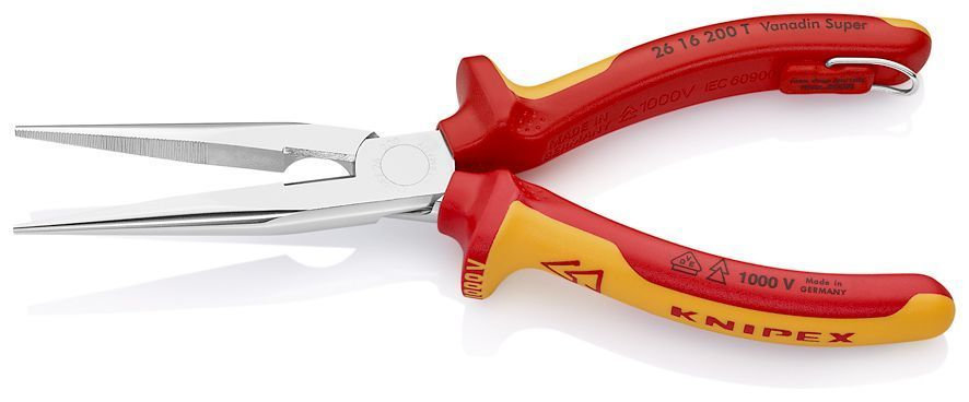 Длинногубцы с режущими кромками VDE, 200 мм, хром, 2-комп диэлектрические ручки, проушина для страховки (KN-2616200T)