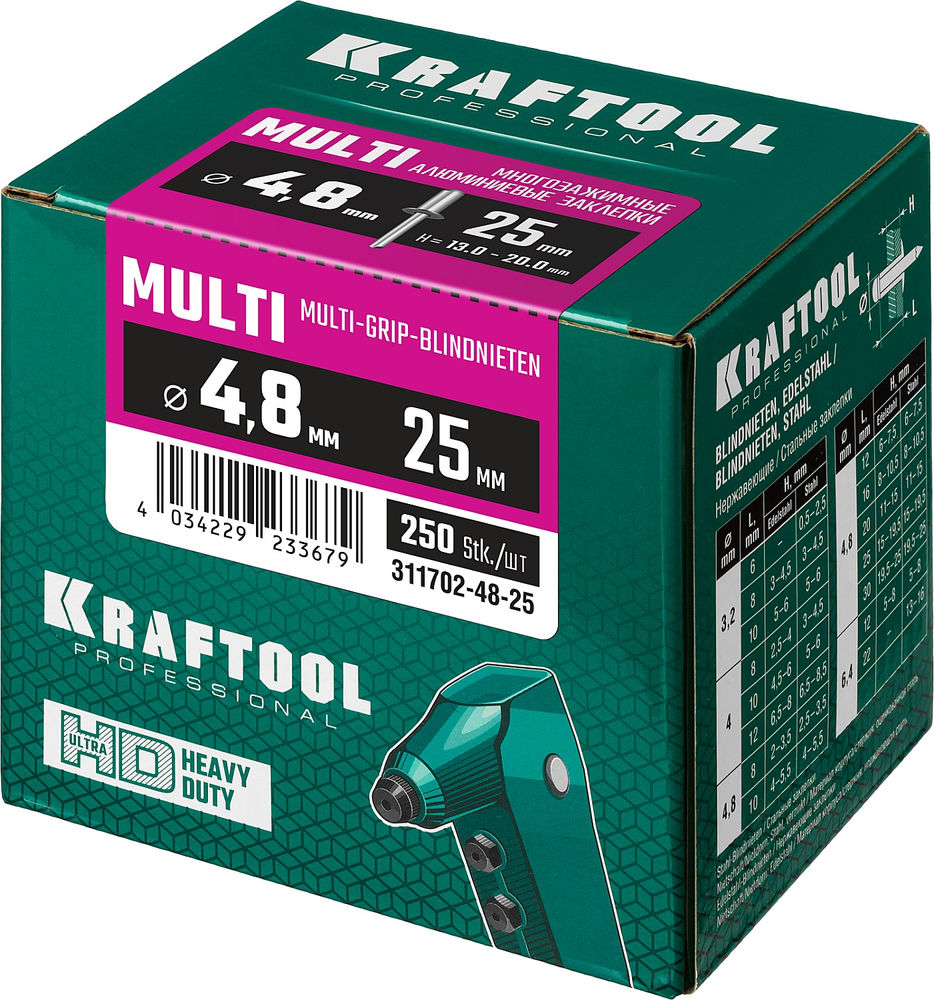 Многозажимные алюминиевые заклепки Multi (Al5052), 4.8 x 25 мм, 250 шт KRAFTOOL 311702-48-25