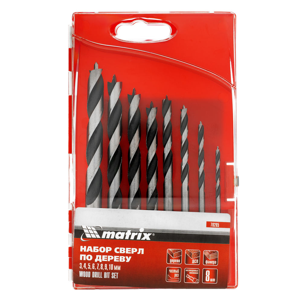 Набор сверл по дереву, 3-4-5-6-7-8-9-10 мм, 8 шт, шестигранный хвостовик, пластиковый кейс, Matrix (70285)