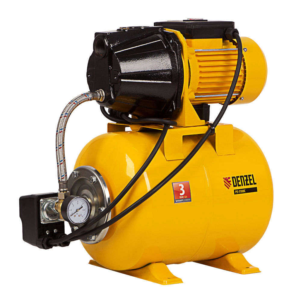 Насосная станция PS1100С, 1100 Вт, 4500 л/ч, ресивер 24 л, подъем 46 м, чугун Denzel (97215)