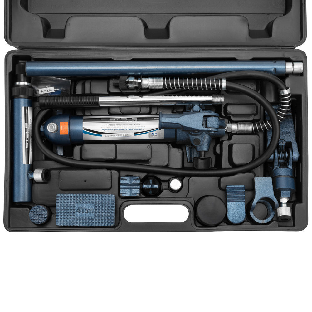 Растяжка гидравлическая, 4 т, набор из 17 предметов, 7 сменных насадок, в пластиковом кейсе Stels (51354)