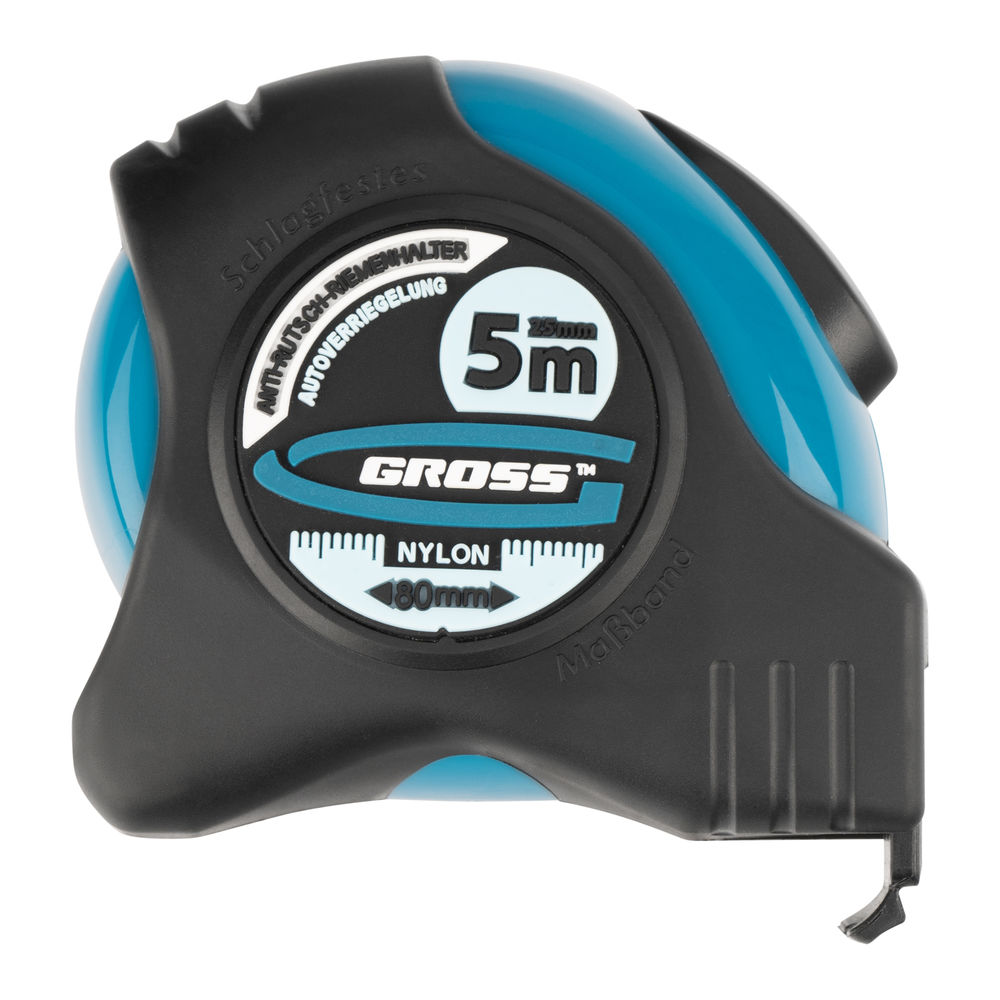 Рулетка Schlagfest,5 м x 25 мм,магнитный обрезиненный зацеп,двусторонняя шкала,Нейлоновое покрытие,автоматическая фиксация Gross