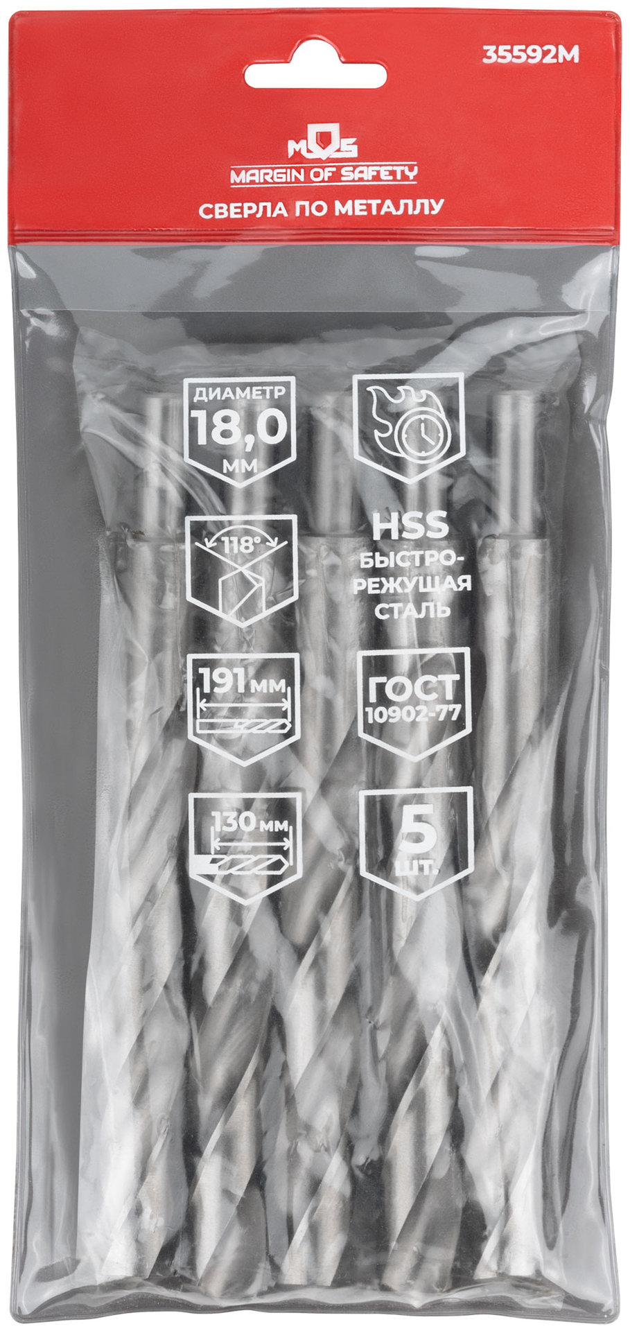 Сверла по металлу HSS, угол заточки 118°, 18,0 x 191 мм, (5 шт.) (35592М)