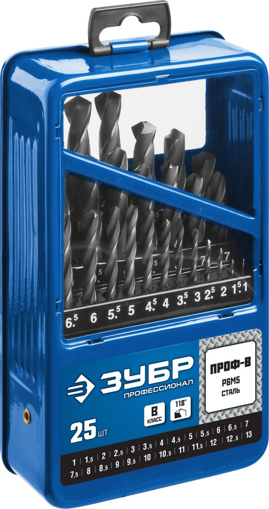 Набор сверл по металлу в мет. боксе 1-13 мм 25 шт сталь Р6М5 класс В ЗУБР ПРОФ-В Профессионал 29621-H25