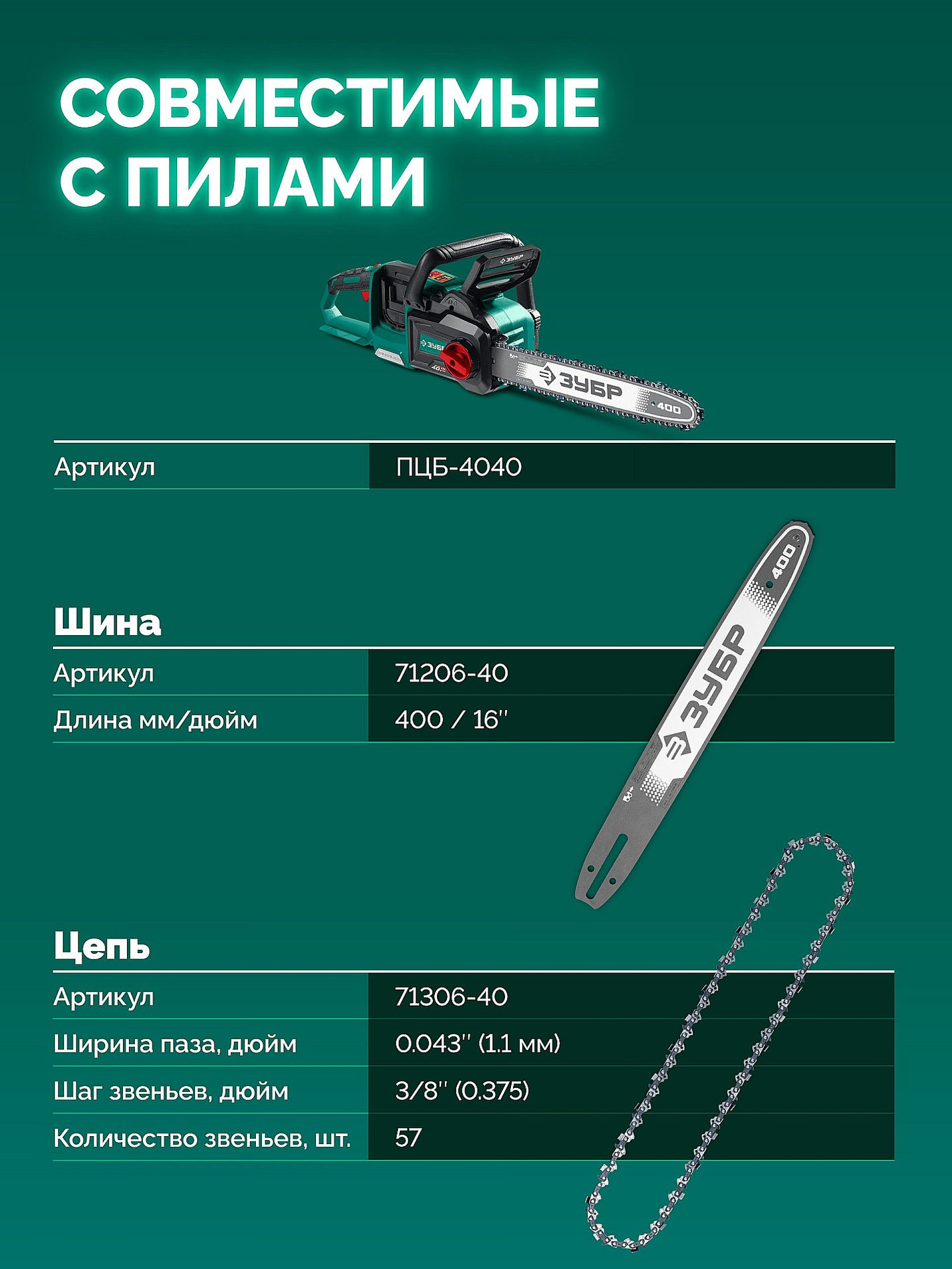 ЗУБР тип 6, 40 см, шаг 3/8?, паз 1.1 мм, 57 звеньев, шина (71206-40)
