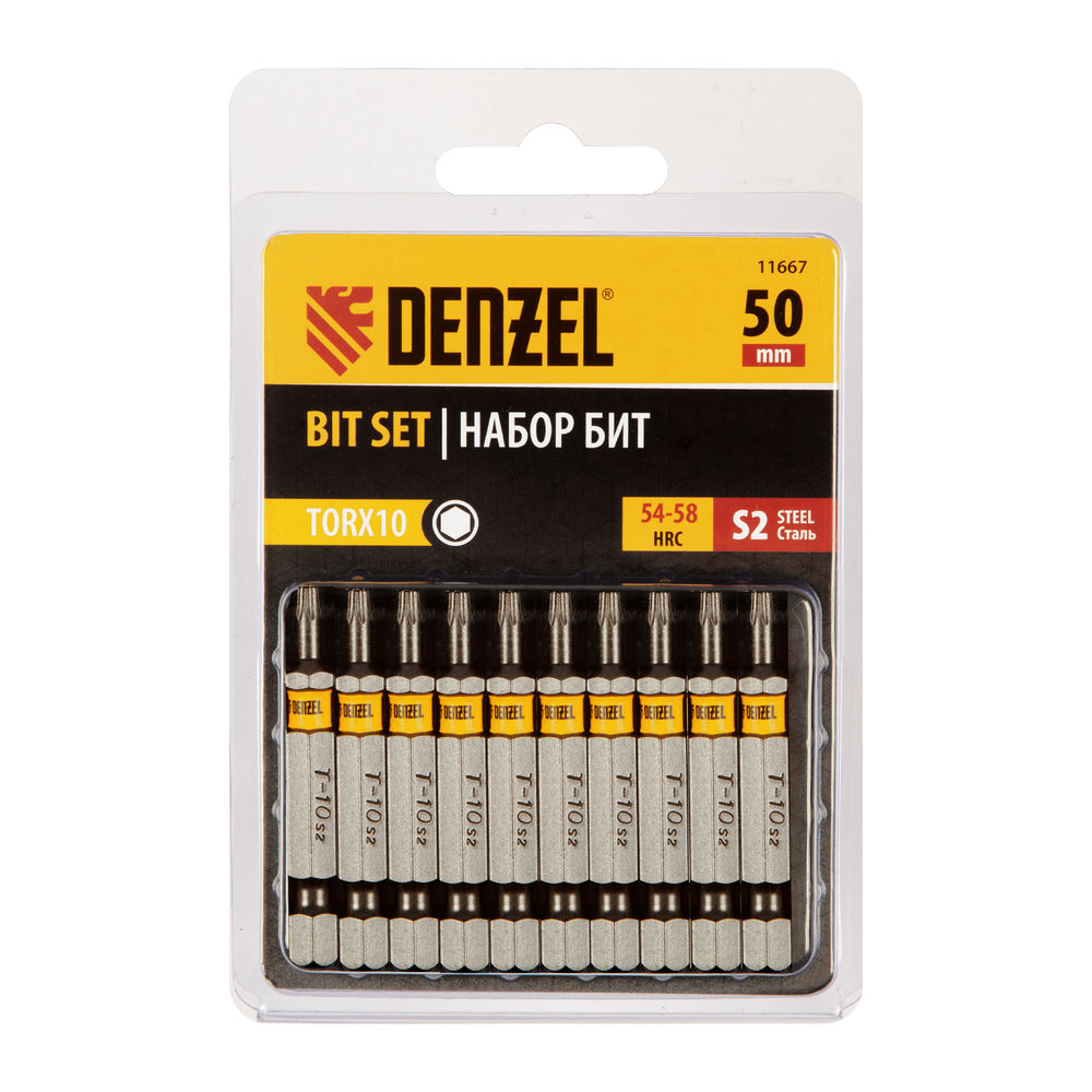 Бита TX 10х50, сталь S2, шестигранный профиль, 10 шт. Е 6,3 Denzel (11667)