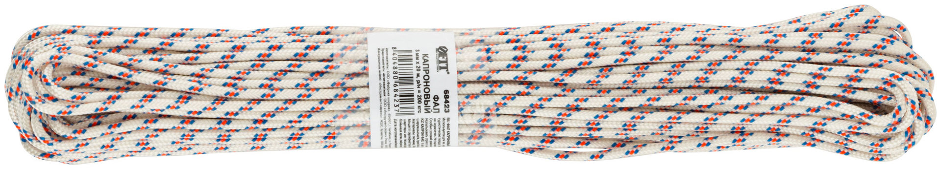 Фал капроновый плетеный 16-ти прядный с сердечником 3 мм х 20 м, р/н= 160 кгс (68423)