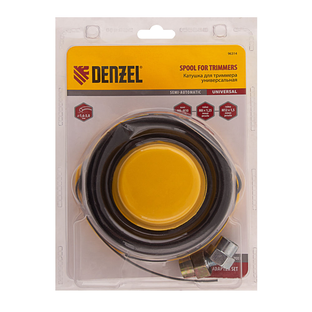 Катушка универсальная триммерная, гайка М10 х 1.25, М8, М12, винт М8-М10, левая резьба, шаг 1.5 мм Denzel (96314)