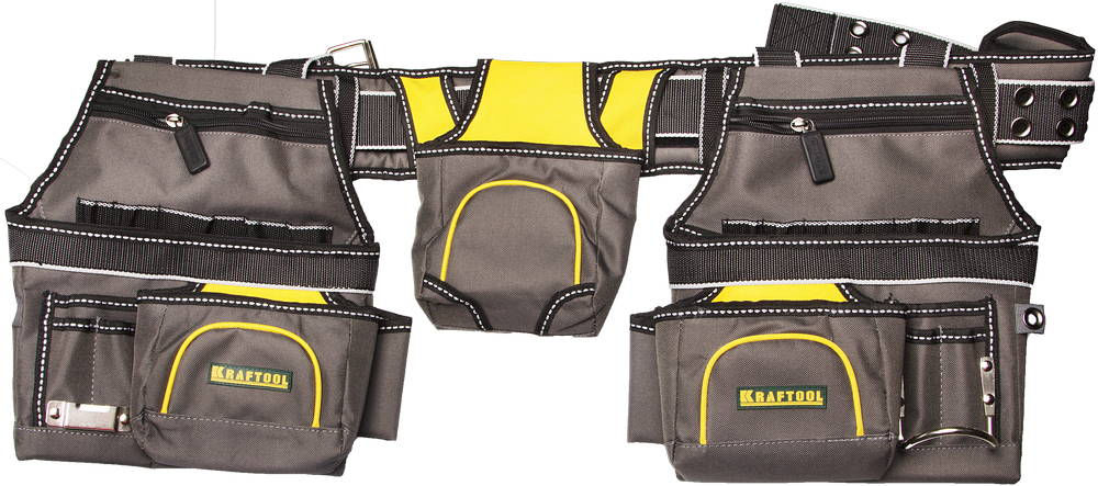 Пояс монтажника с 20 карманами и 2 подвесными подсумками, 2 петли для крепления молотка и рулетки KRAFTOOL 38742