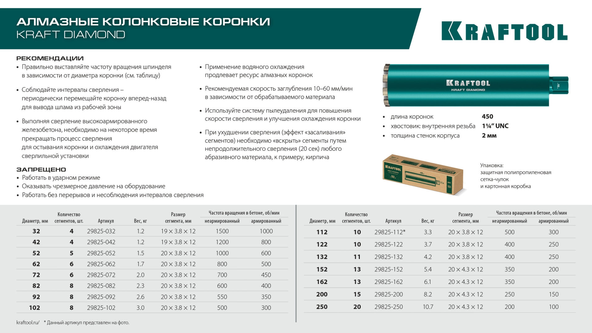 KRAFTOOL DIAMOND 32 мм (450 мм, 1 1/4?, лазерная сварка, сухое сверление с микроударом), алмазная коронка по железобетону (29825-032)