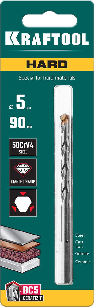 Сверло специальное по твёрдым материалам Hard, 5 х 90 мм, тв.сплав ВС5 KRAFTOOL 29177-090-5