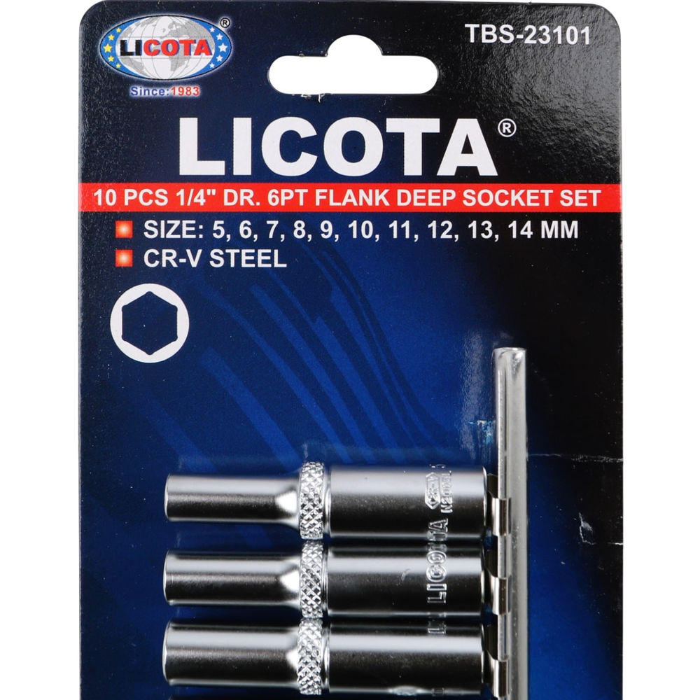 Набор глубоких торцевых головок 6-ти гранных 10 пр. на линейке, 5-14 мм 1/4 Licota TBS-23101