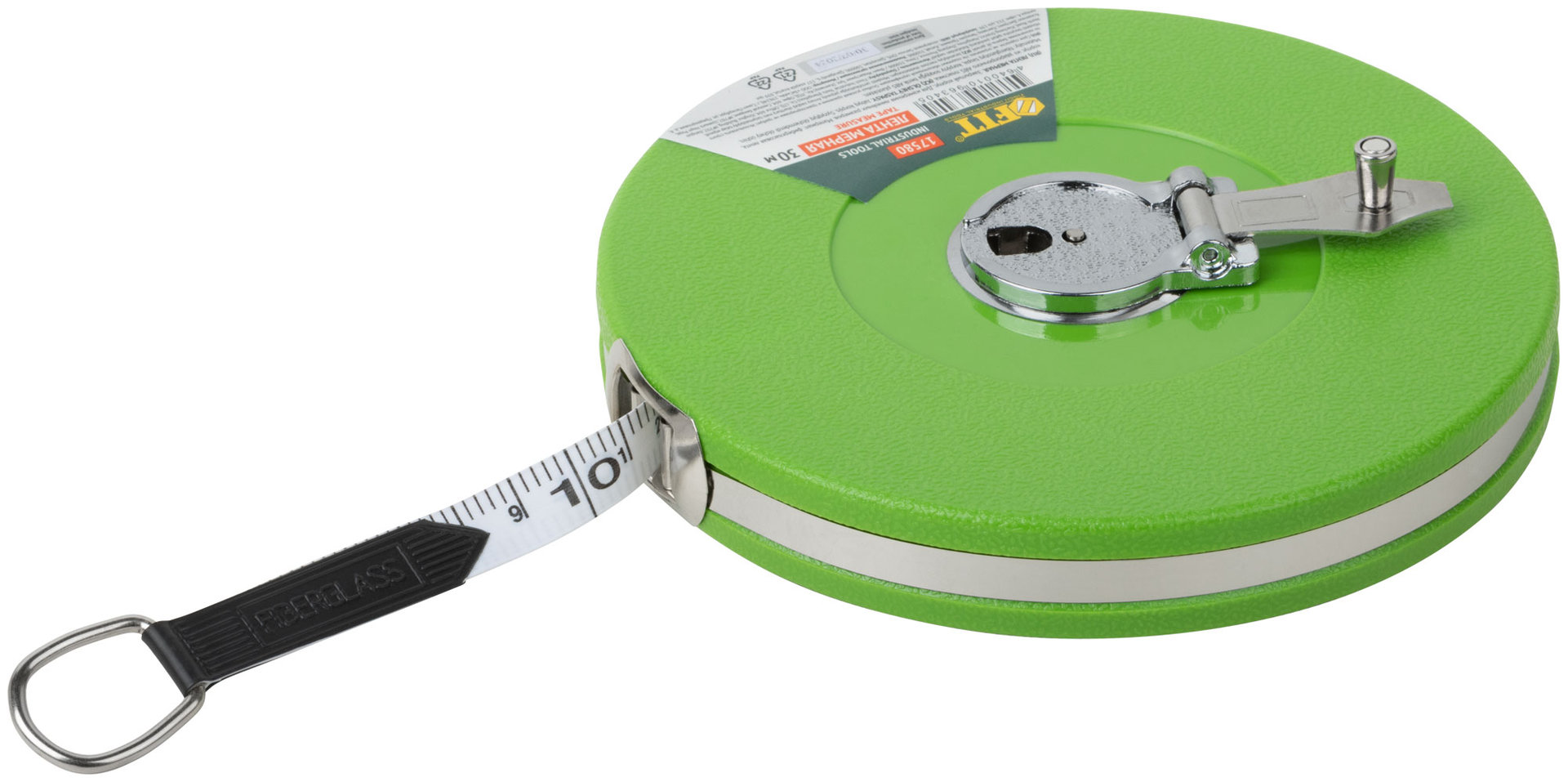 Рулетка, фибергласовая лента, зеленый пластиковый корпус 30 м