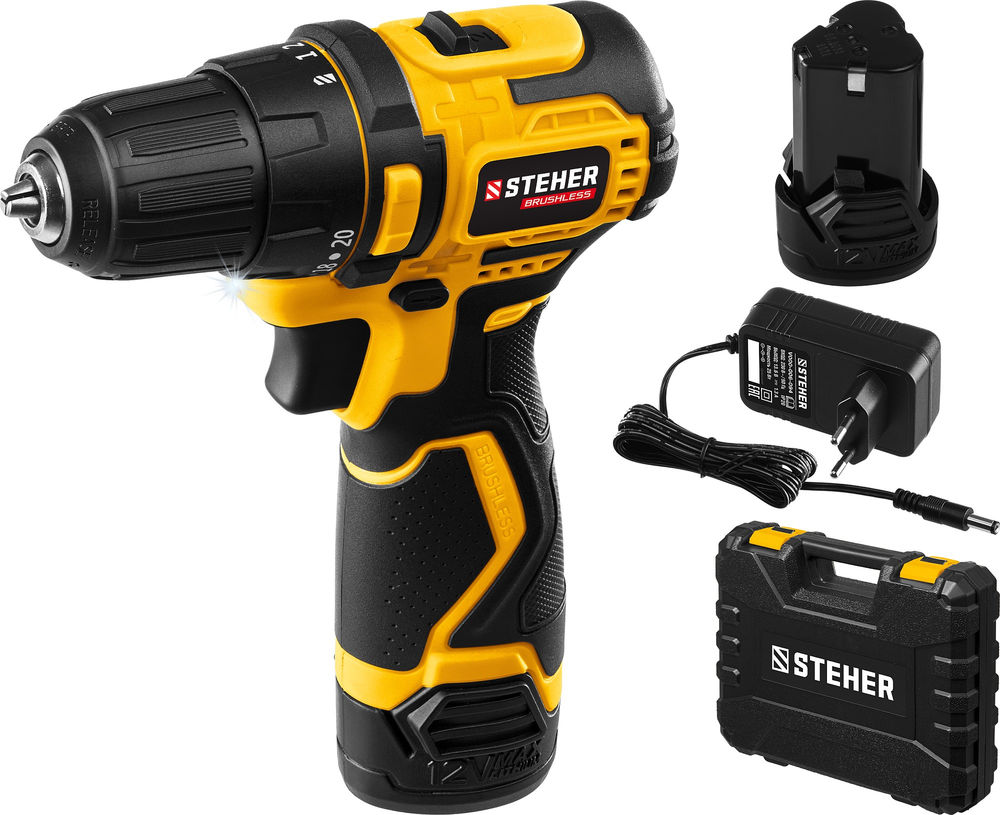 Дрель-шуруповерт бесщеточная 12 В, 35 Н·м, 2 АКБ (2 А·ч), кейс STEHER CDB-120-2