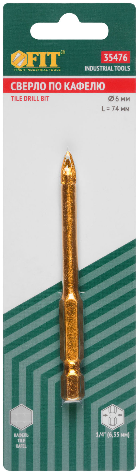Сверло по кафелю, 4 режущие кромки, титановое покрытие, U-хвостовик под биту 6х74 мм (35476)