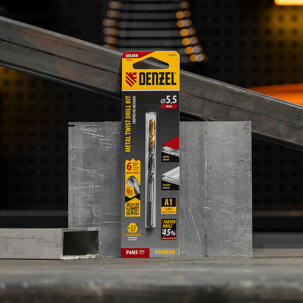 Сверло спиральное по металлу 5,5 x 93мм, Р6М5, Golden Tip, многогранная заточка Denzel (718277)